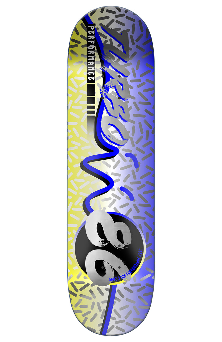 skateboard deck mit retro jetski design, blau gelb