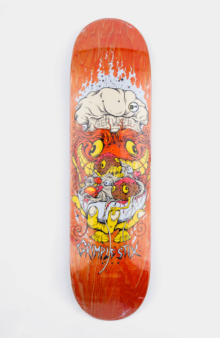 Orange Grimple Stix Skateboard with cooking Gerwer graphic