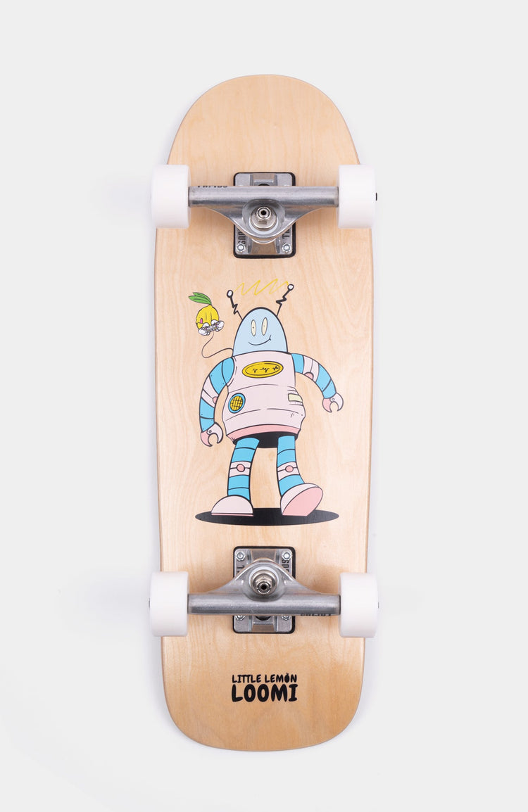 Skateboard für Kinder mit Kork der Marke Loomi. Gaming Roboter Grafik