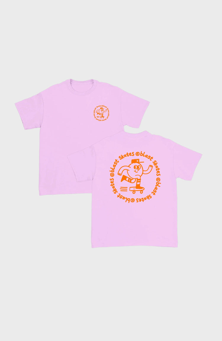 Pinkes t-shirt für kinder mit rundem logo und Maskottchen von blast skates in orange