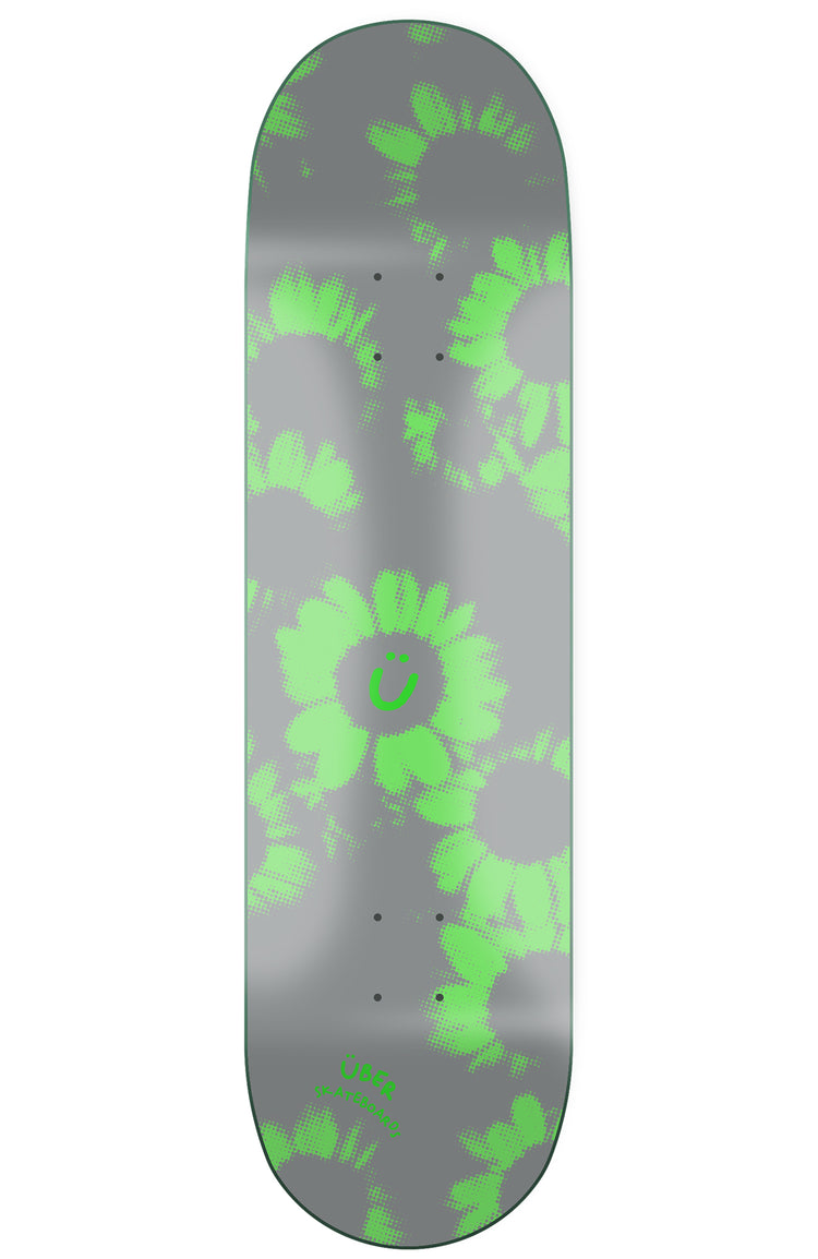 Silbernes skateboard deck mit grünen Blumen details, modern art design