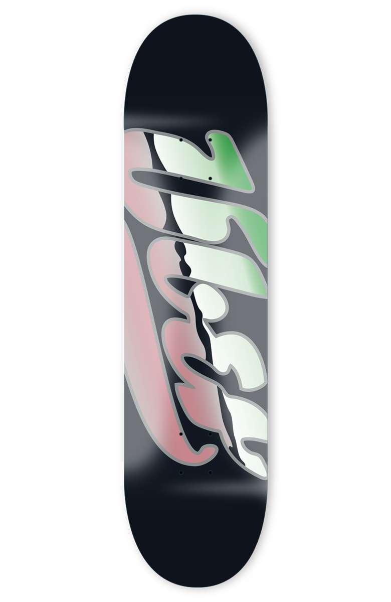 schwarzes skateboard deck mit großem logo in rosa, grün