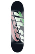 schwarzes skateboard deck mit großem logo in rosa, grün