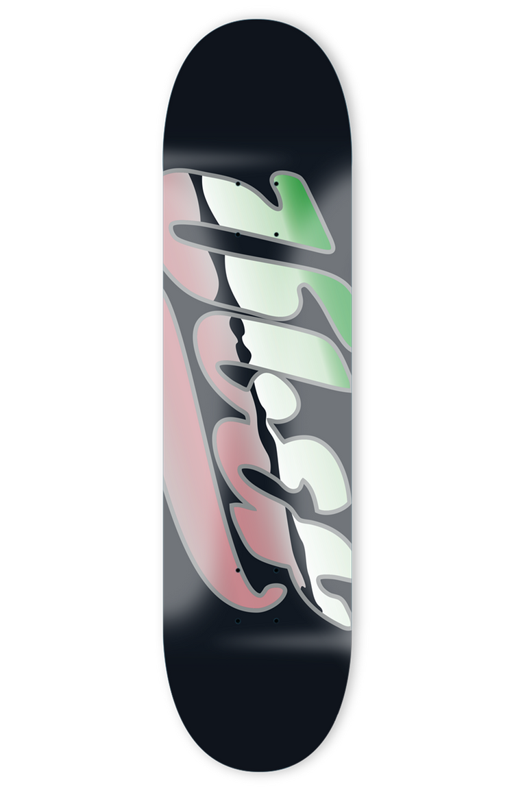 schwarzes skateboard deck mit großem logo in rosa, grün
