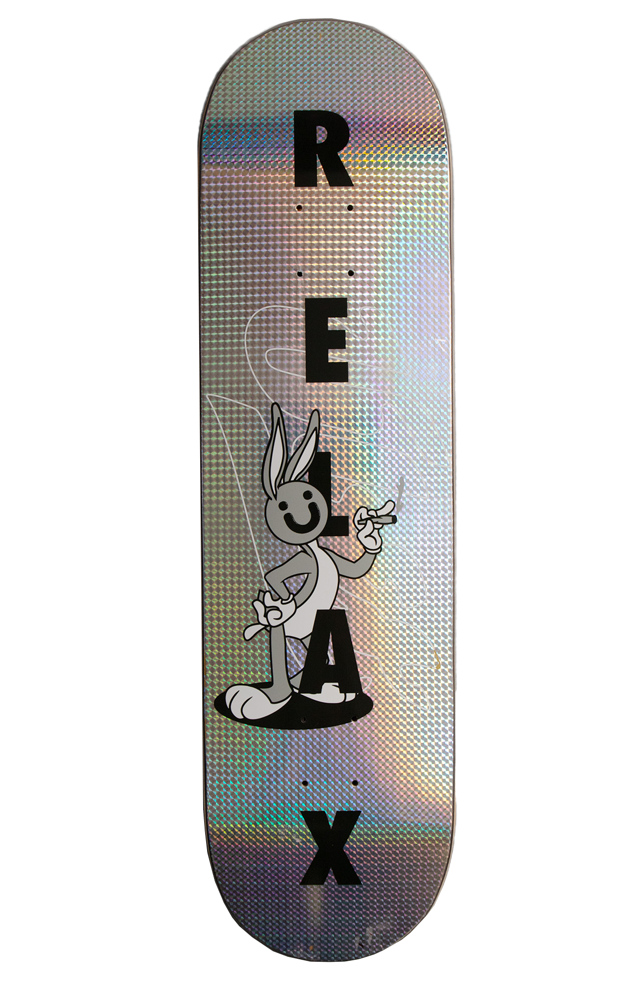 holographisches Skateboard deck, mit bugs bunny print und "relax" Schriftzug