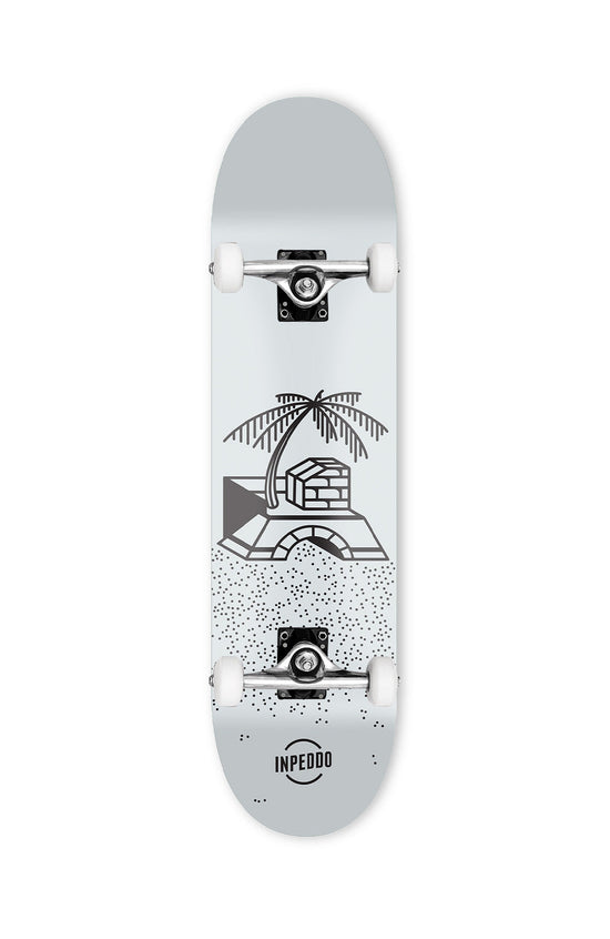 Skateboard in grau schwarz von inpeddo, mit einer Oase im oldschool-tattoo-style als design