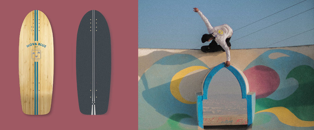 Surfskate Produkt Nova Blue von Ultimate Boards und Surfskate Fahrer im Skate-Pool 