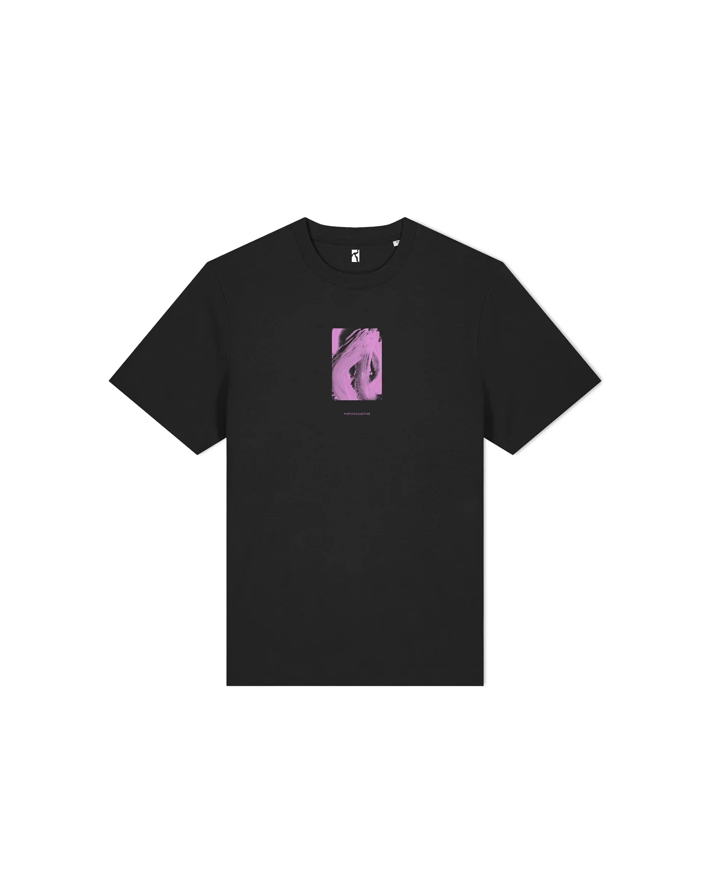 schwarzes t-shirt mit einem abstraktem front print in pink. das tshirt liegt auf einem weißem hintergrund.