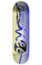 skateboard deck mit retro jetski design, blau gelb