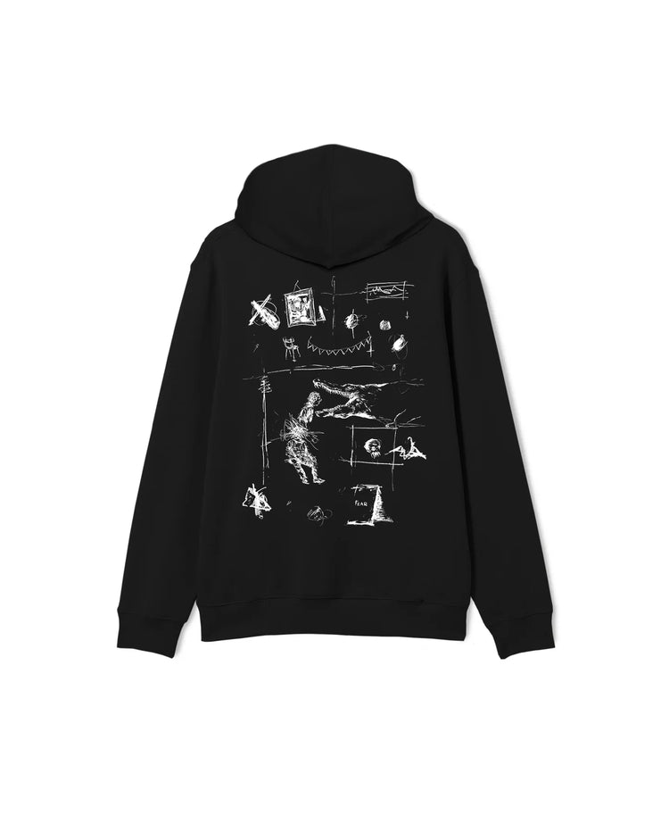 Produktbild von einem schwarzen hoodie auf weißem hintergrund. man sieht die Rückseite hoodies. darauf ist ein großer, weißer backprint mit feinen, künstlerischen Zeichnungen.