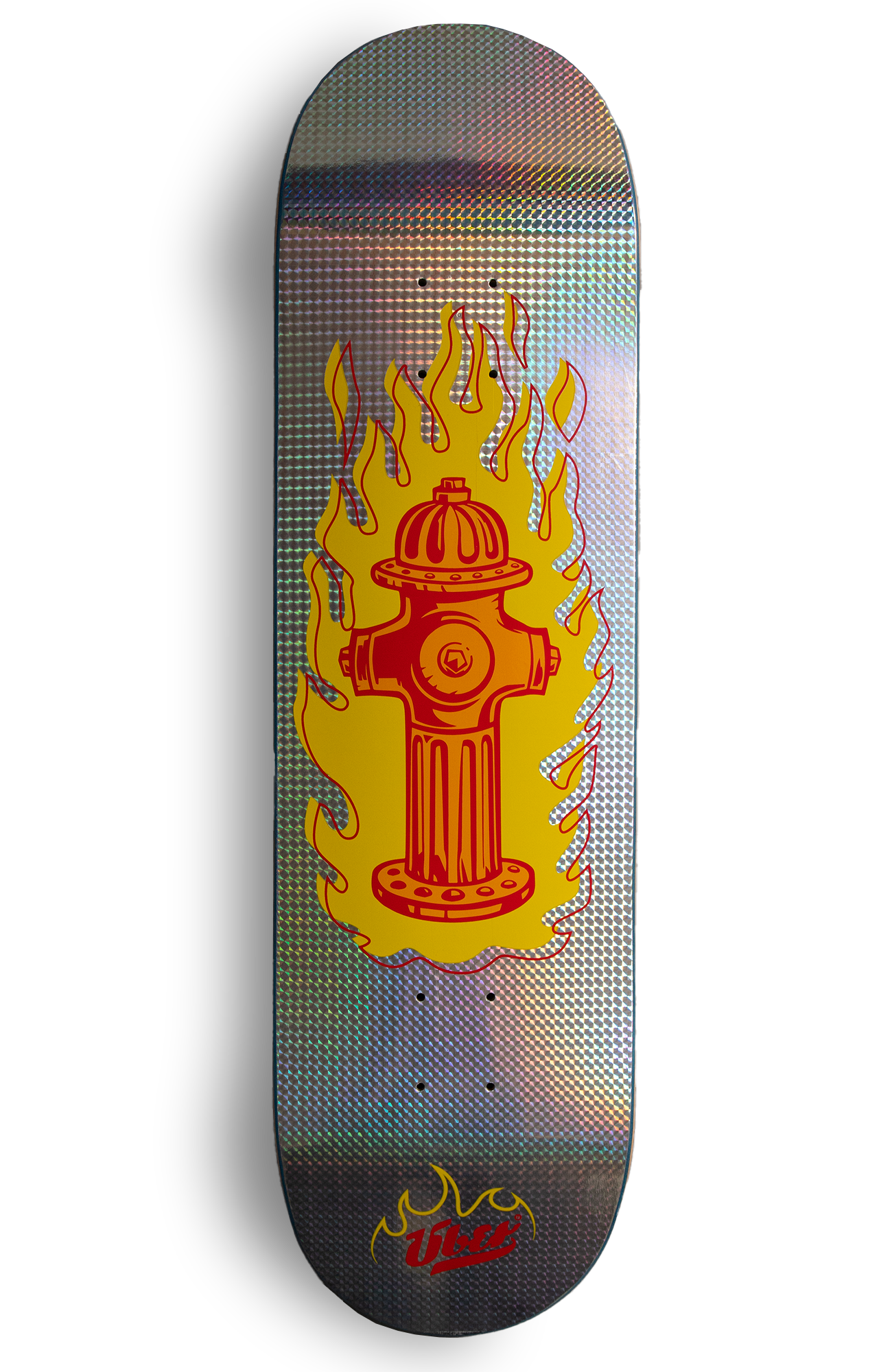 holographisches skateboard deck mit brennendem hydrant abgebildet