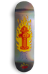 holographisches skateboard deck mit brennendem hydrant abgebildet