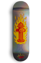 holographisches skateboard deck mit brennendem hydrant abgebildet