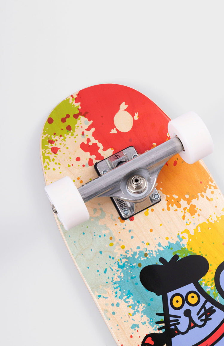 Closeup Art Cat of kids skateboard bottom graphic