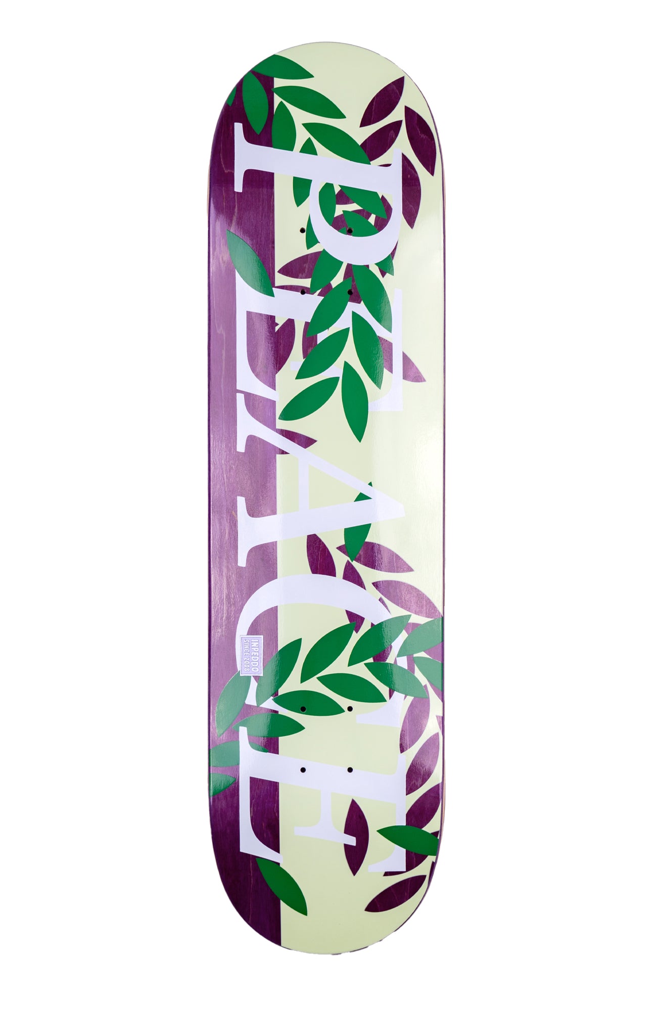 Inpeddo Skateboard Deck Peace Graphic with leaves. Purple veneer color is shining through.