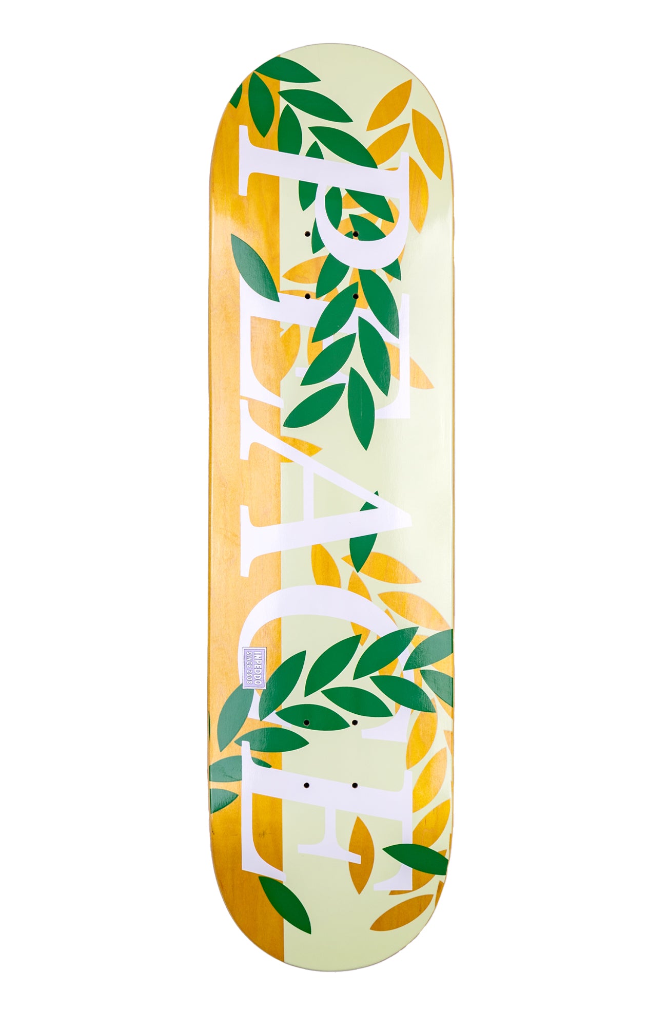 Inpeddo Skateboard Deck Peace Graphic with leaves. Yellow veneer color is shining through.