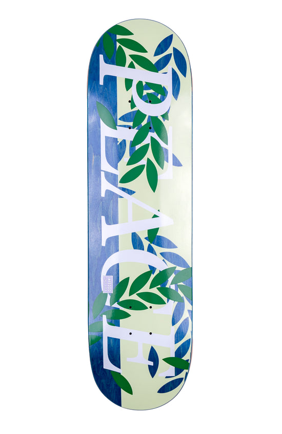 Inpeddo Skateboards Peace Graphic with leaves. Dark Blue veneer color is shining through.