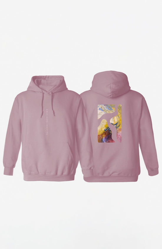 vorder- und Rückseite von einem pinken hoodie mit stick vorne und großem logo backprint auf dem rücken. nebeneinander auf weißem Hintergrund platziert