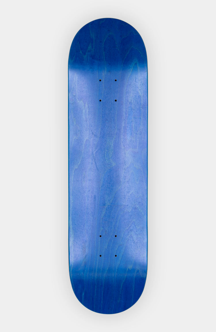 Unterseite von einem deep concave skateboard deck in große 8.5. das deck ist blau und liegt auf einem weißem Hintergrund.