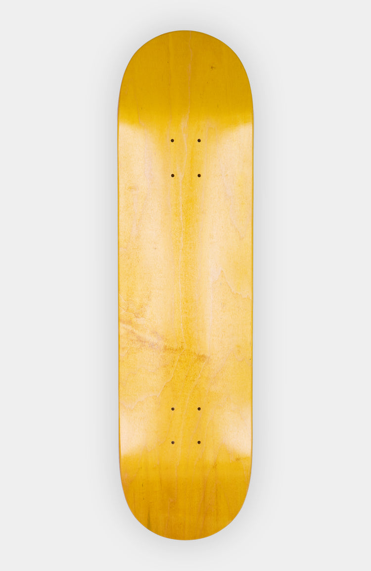 unterseite von einem popsicle skateboard deck. das deck ist 8.375“ breit, gelb gefärbt und liegt auf einem weißem Hintergrund.