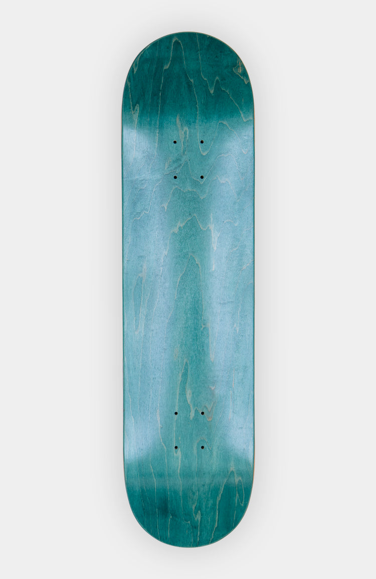 petrol blaues skateboard blank deck auf weißem Hintergrund. die Unterseite des decks ist zu sehen. es hat eine natürliche holz-Maserung 