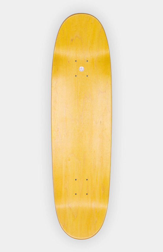 gelbes egg shape skateboard deck in große 8.75“ von oben fotografiert auf weißem Hintergrund