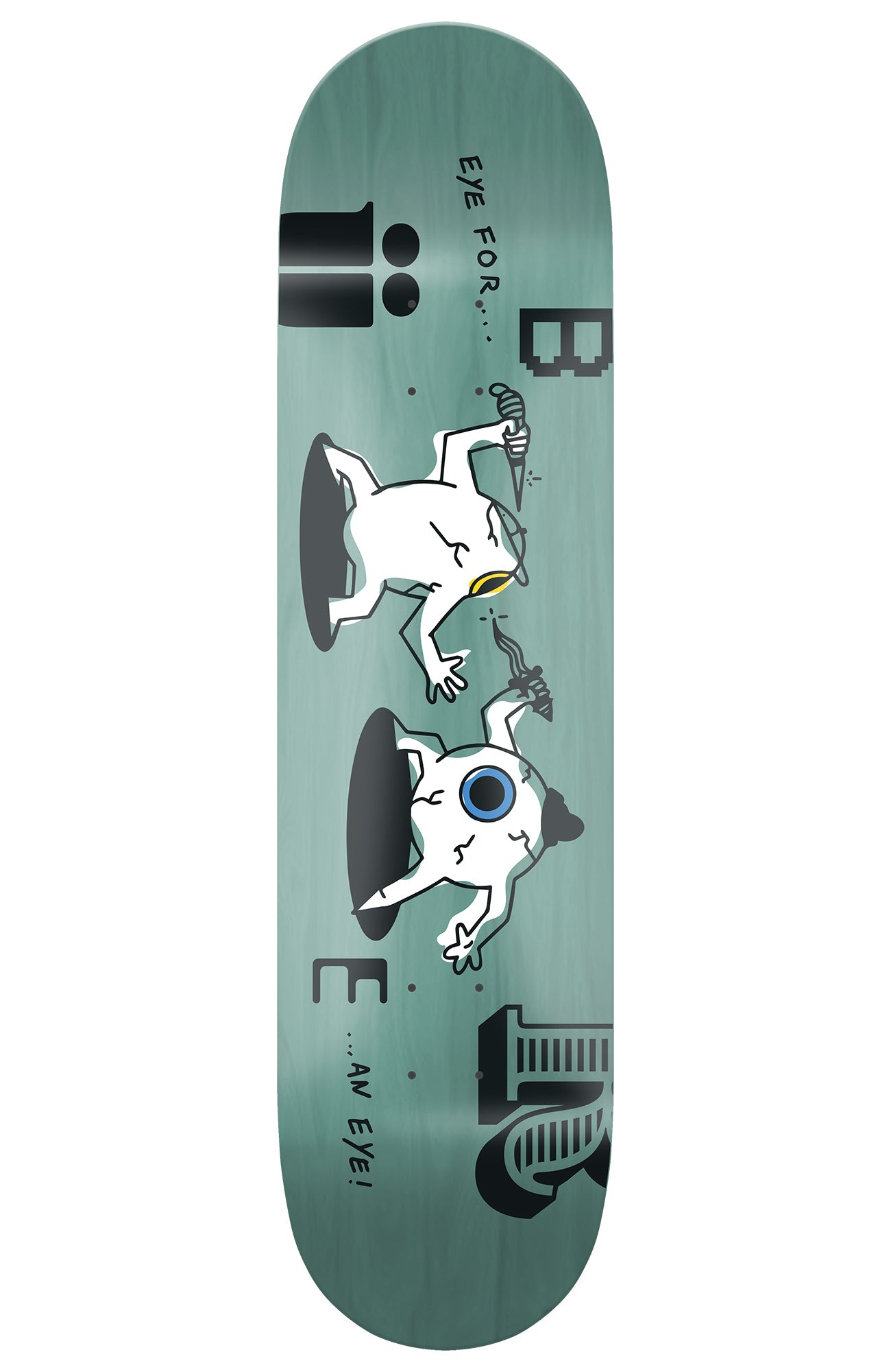 grünes skateboard deck, welches den spruch "auge um auge" bildlich und lustig darstellt