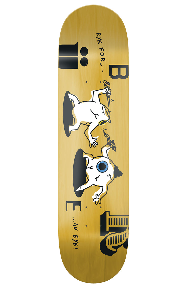 gelbes skateboard deck, welches den spruch "auge um auge" bildlich und lustig darstellt