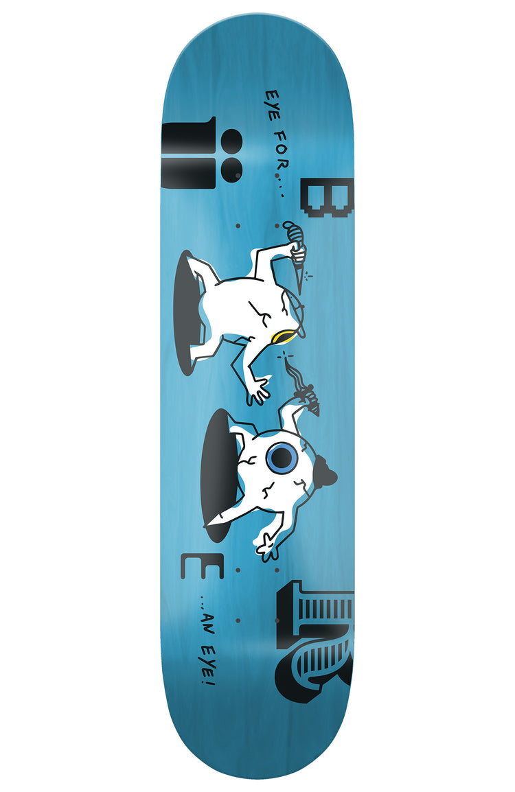 skateboard deck, welches den spruch "auge um auge" bildlich und lustig darstellt, türkis