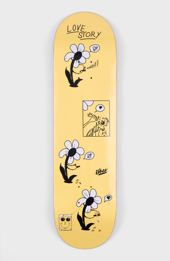 bilder-geschichte über liebe auf einem skateboard deck, gelb