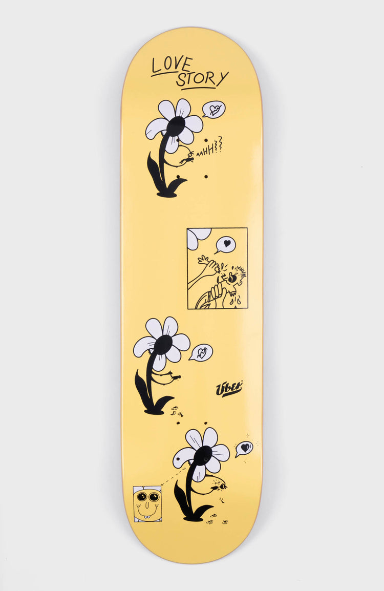 bilder-geschichte über liebe auf einem skateboard deck, gelb