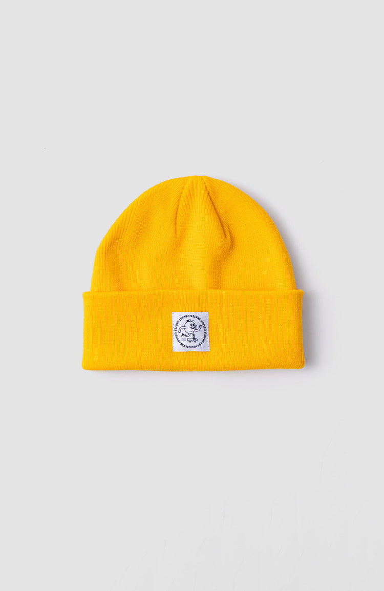 gelbe beanie mit weißem logo patch wie bei CARHARTT Mützen