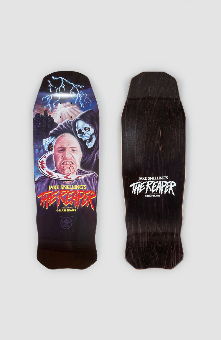 schwarzes skateboard deck mit "the reaper" Schriftzug und dem kopf von Jake snelling. Das deck hast eine sehr spezielle form. Ober- und Unterseite nebeneinander auf weißem Hintergrund platziert.