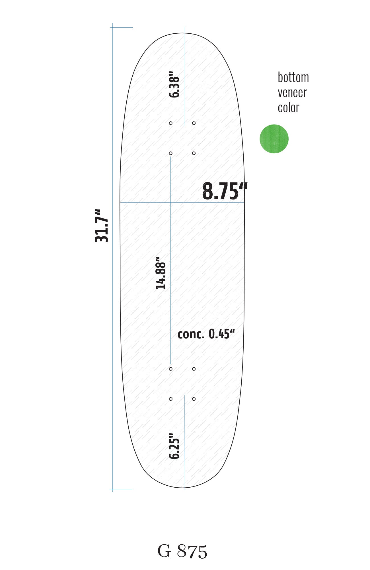 genaue maße von einem egg shape skateboard deck der große 8.75“. detaillierte Übersicht auf weiß