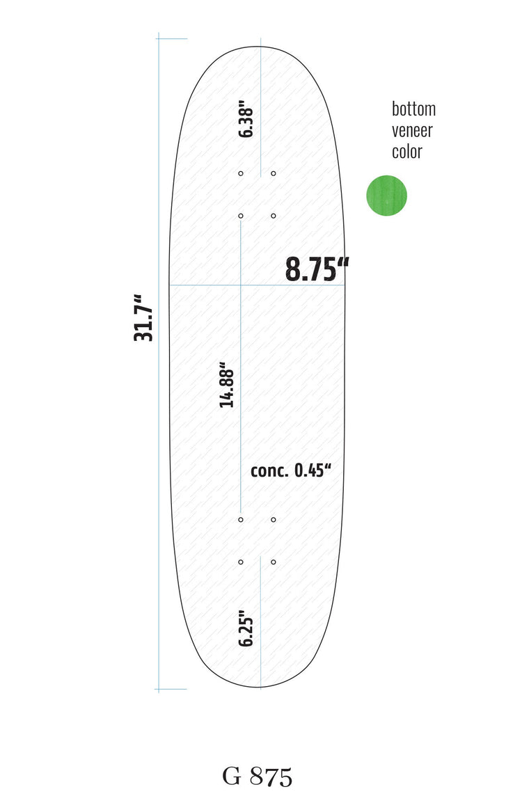 genaue maße von einem egg shape skateboard deck der große 8.75“. detaillierte Übersicht auf weiß