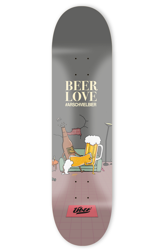 Skateboard Deck in grau mit lustigem Bier Design, Größe 8.5