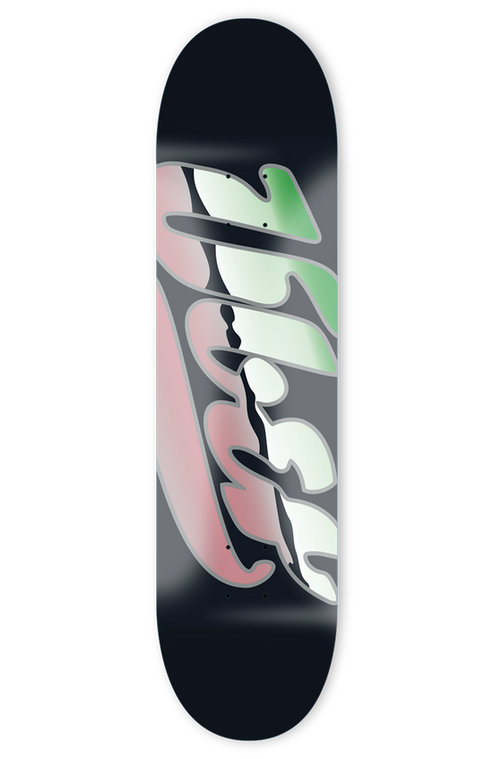 schwarzes skateboard deck mit großem logo in rosa, grün