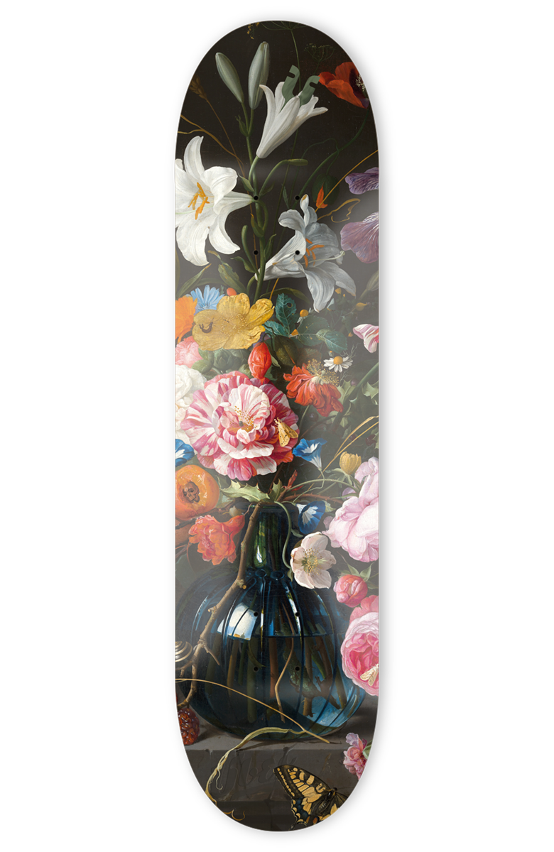 schwarzes skateboard deck mit bunten blumen drauf, größe 8,3