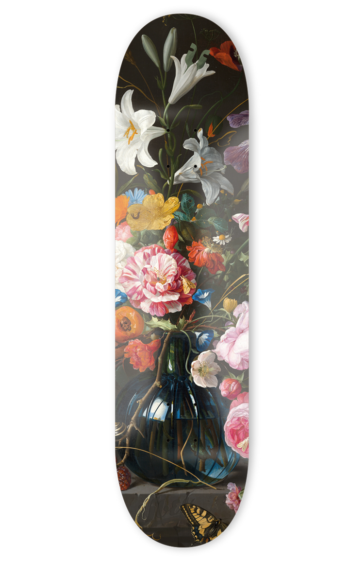 schwarzes skateboard deck mit bunten blumen drauf, größe 8,3