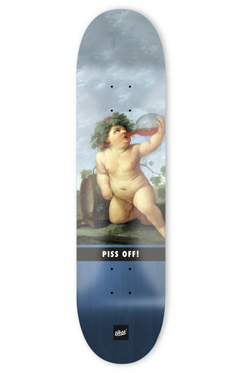 skateboard deck mit lustiger abbildung von einem baby das trinkt und pinkelt