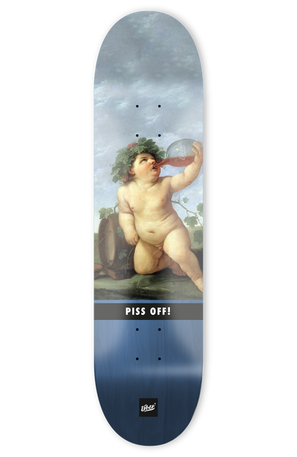 skateboard deck mit lustiger abbildung von einem baby das trinkt und pinkelt