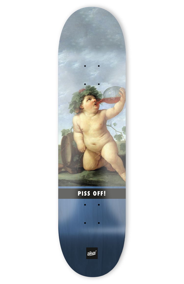 skateboard deck mit lustiger abbildung von einem baby das trinkt und pinkelt