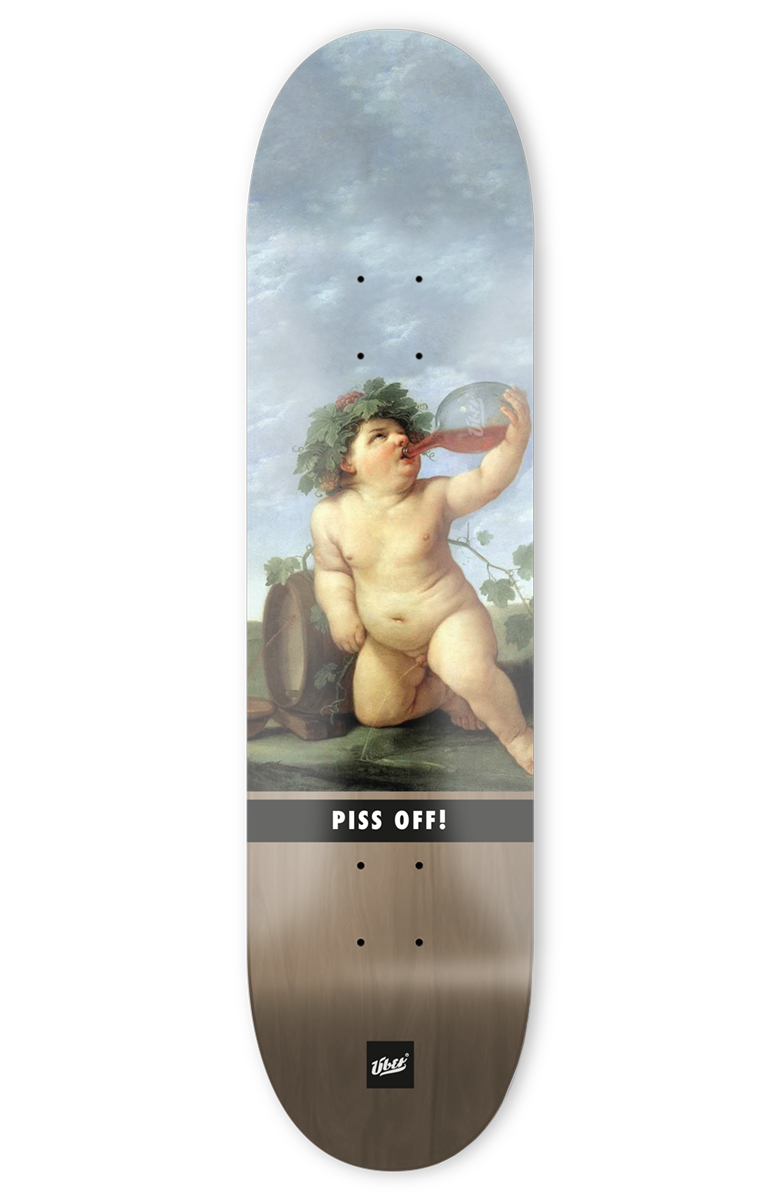skateboard deck mit lustiger abbildung von einem baby das trinkt und pinkelt