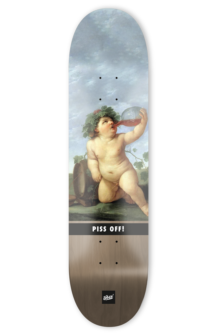 skateboard deck mit lustiger abbildung von einem baby das trinkt und pinkelt