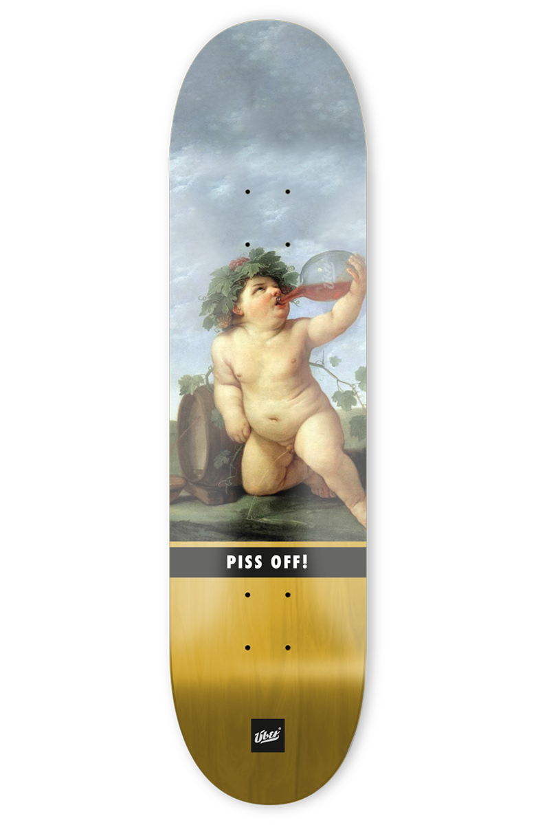 skateboard deck mit lustiger abbildung von einem baby das trinkt und pinkelt