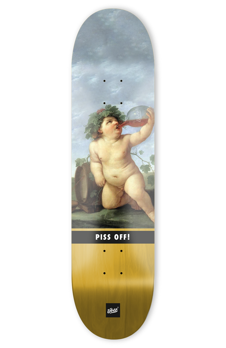 skateboard deck mit lustiger abbildung von einem baby das trinkt und pinkelt