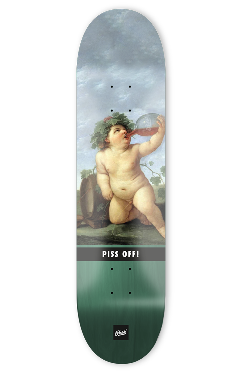 skateboard deck mit lustiger abbildung von einem baby das trinkt und pinkelt