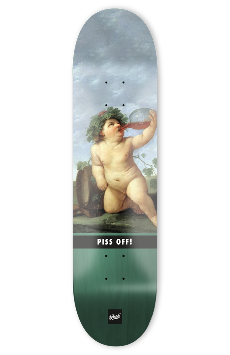 skateboard deck mit lustiger abbildung von einem baby das trinkt und pinkelt