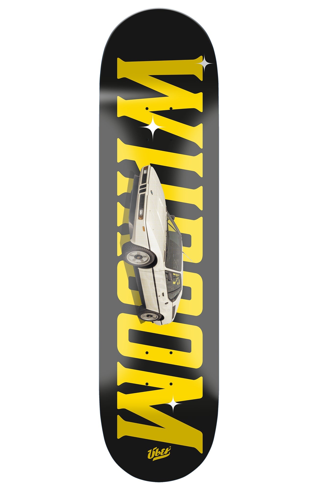 skateboard deck mit einem alten bmwauto und gelber schrift