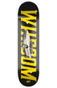 skateboard deck mit einem alten bmwauto und gelber schrift